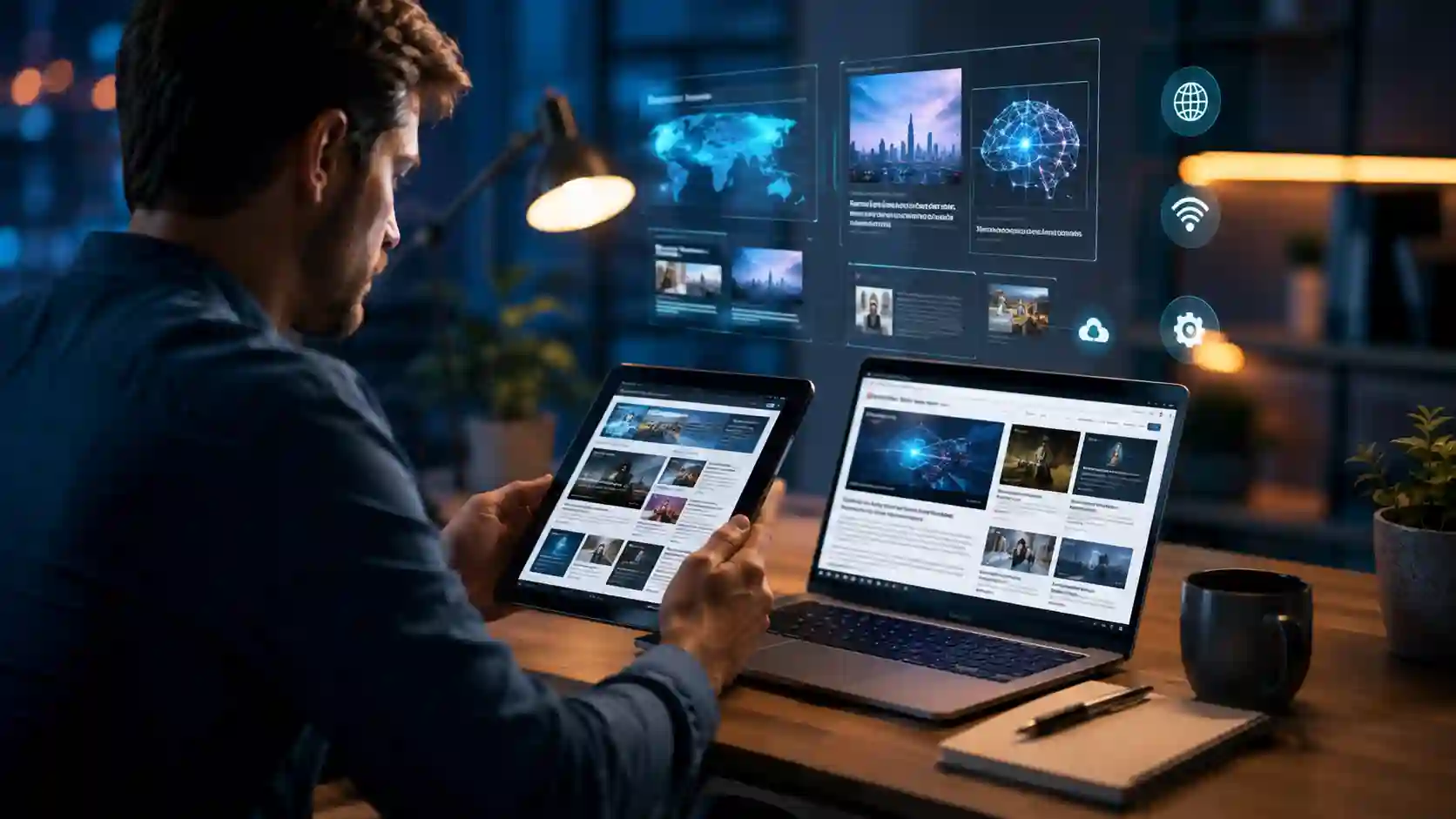 Tech news — a person reading technology news on a tablet and laptop