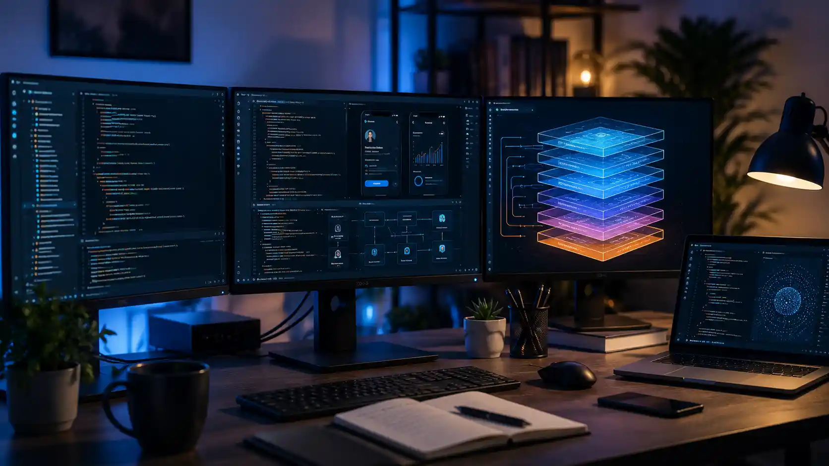 Tech stack — a developer's desk with monitors showing code and layered software diagrams