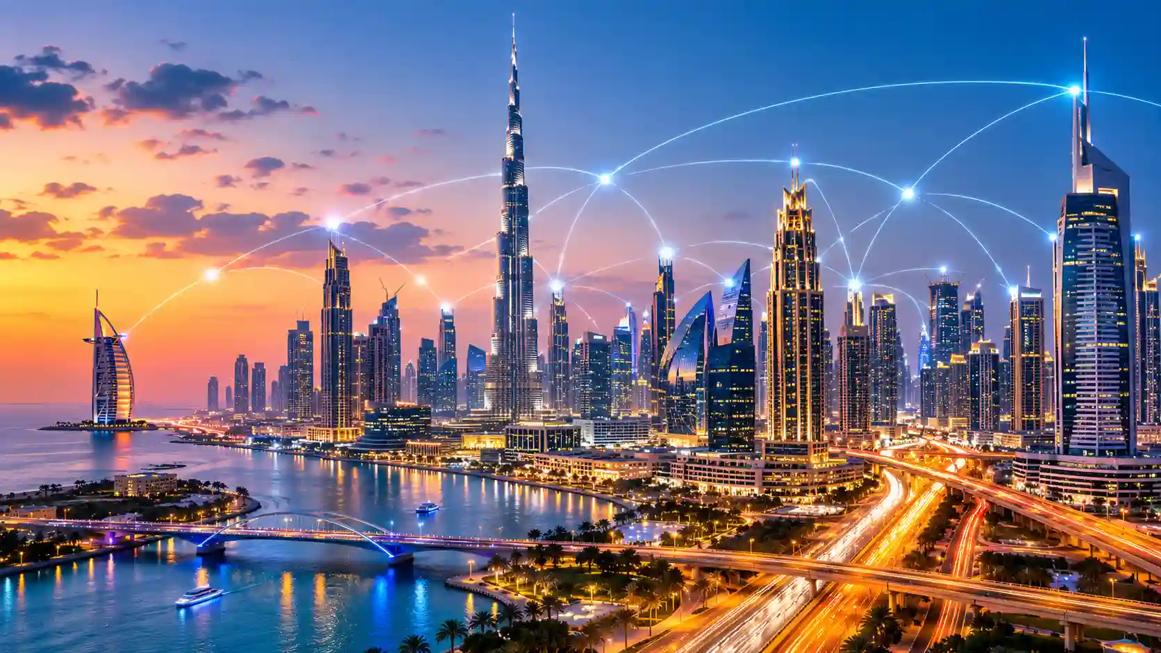 Technology Dubai — a modern Dubai skyline with digital connection lines symbolizing innovation