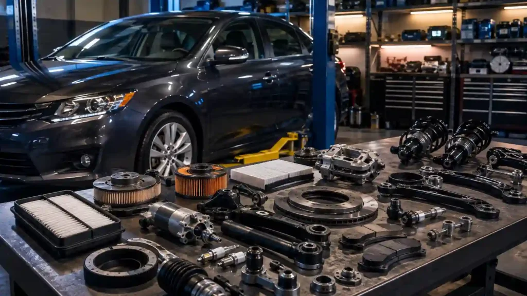 Car parts and components for a reliable sedan arranged in a workshop