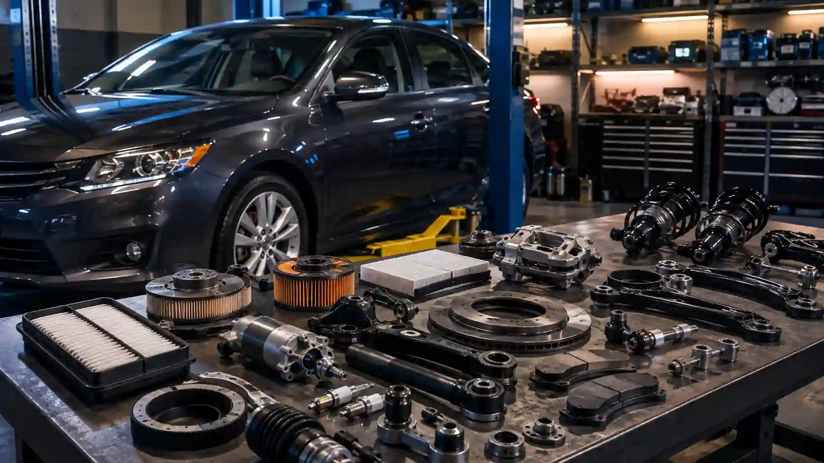 Car parts and components for a reliable sedan arranged in a workshop