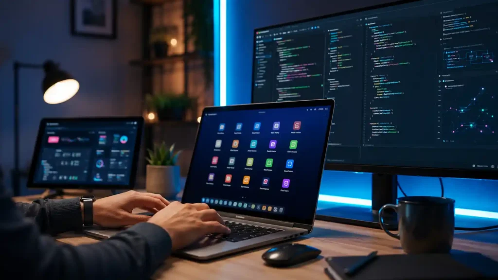 Types of computer software — screens showing software interfaces, apps, and code