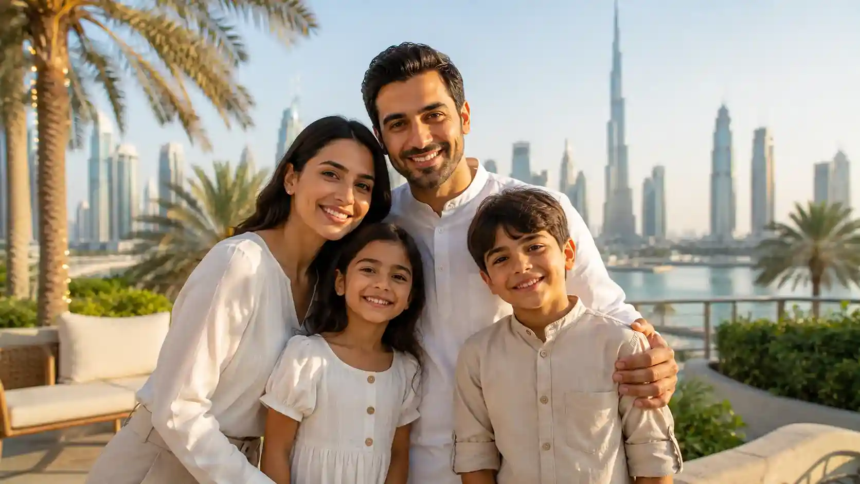 UAE family visa — a happy family together in Dubai with the skyline behind