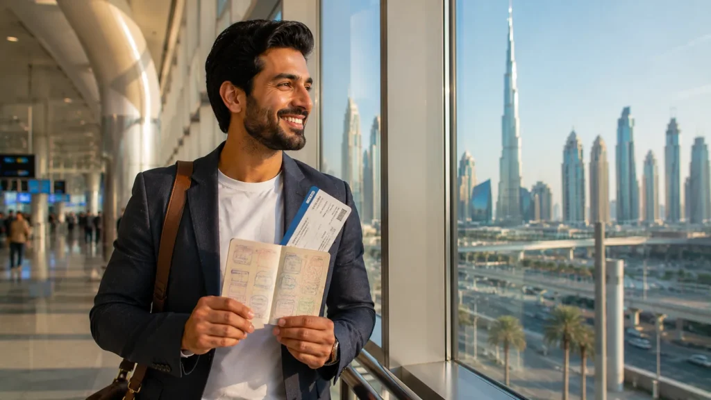 UAE multiple entry visa — a frequent traveler with a passport at Dubai airport