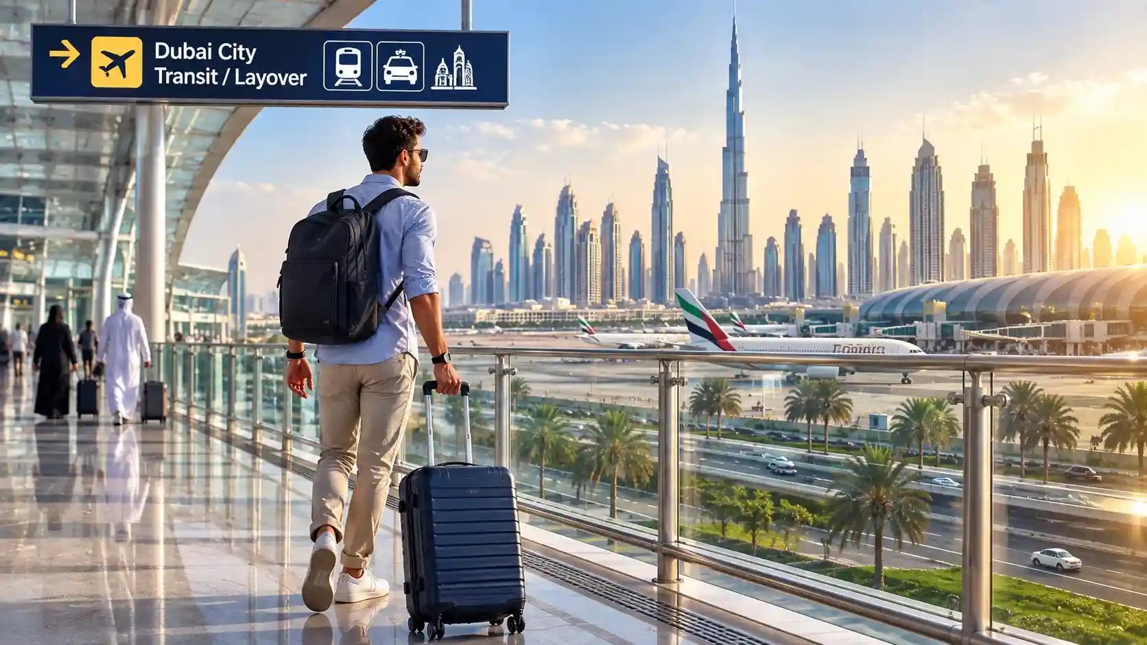 UAE transit visa — a traveler exploring Dubai during a layover with the skyline behind