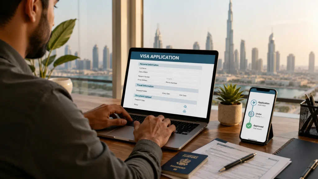 UAE visa application — applying and tracking a visa online with a passport and laptop