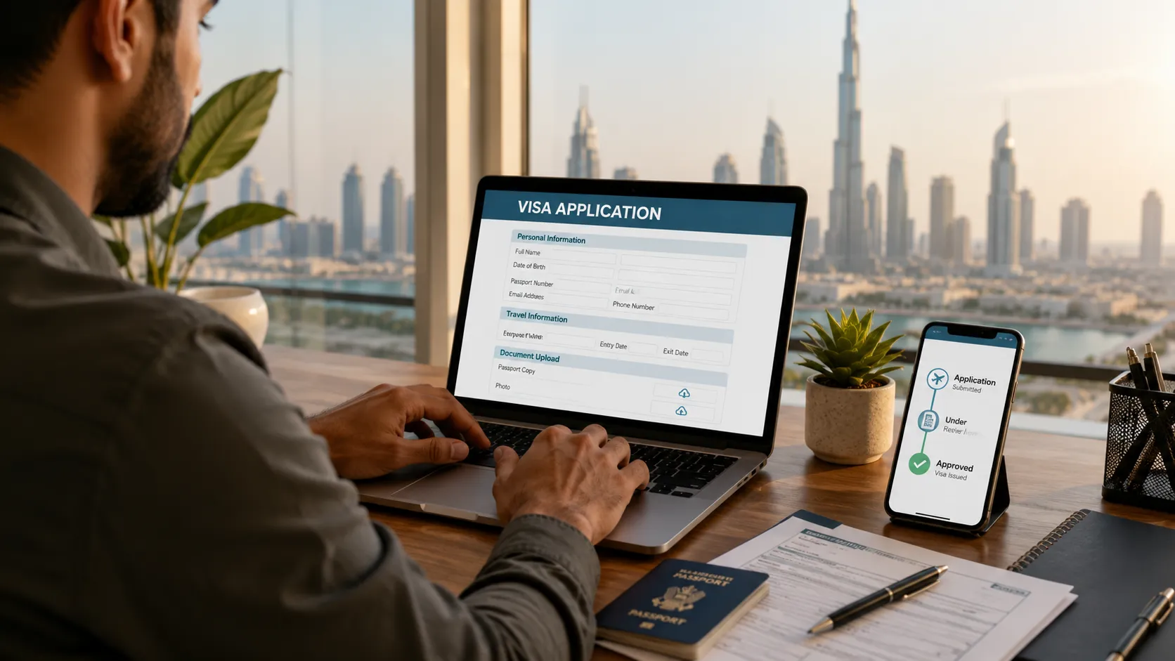 UAE visa application — applying and tracking a visa online with a passport and laptop