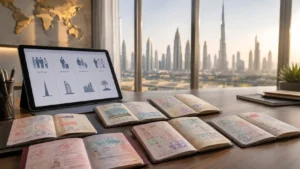 UAE visa types — passports with different visa stamps representing tourist, work, and residence visas