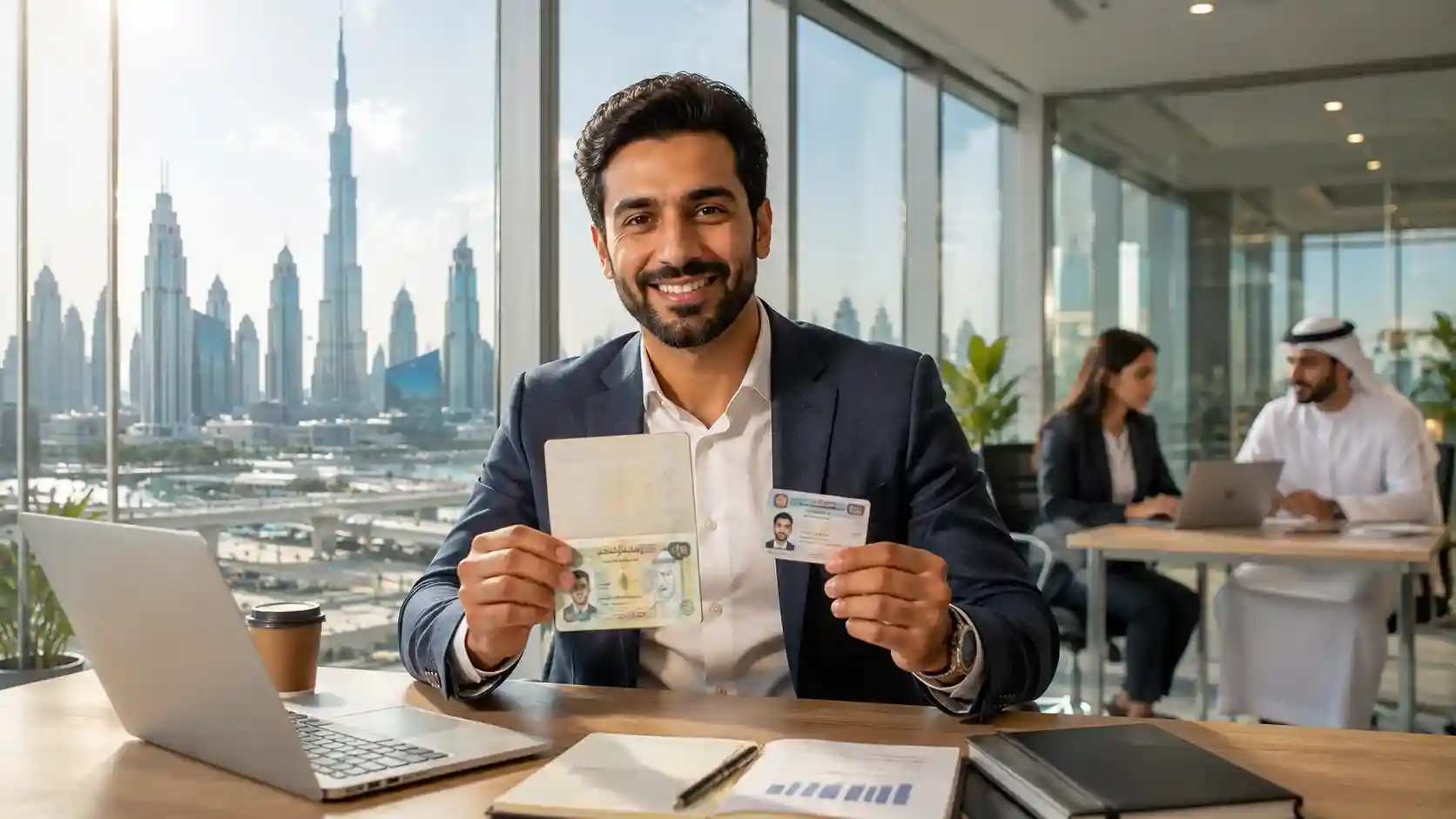 UAE work visa — a happy employee holding a work visa and Emirates ID at a Dubai office