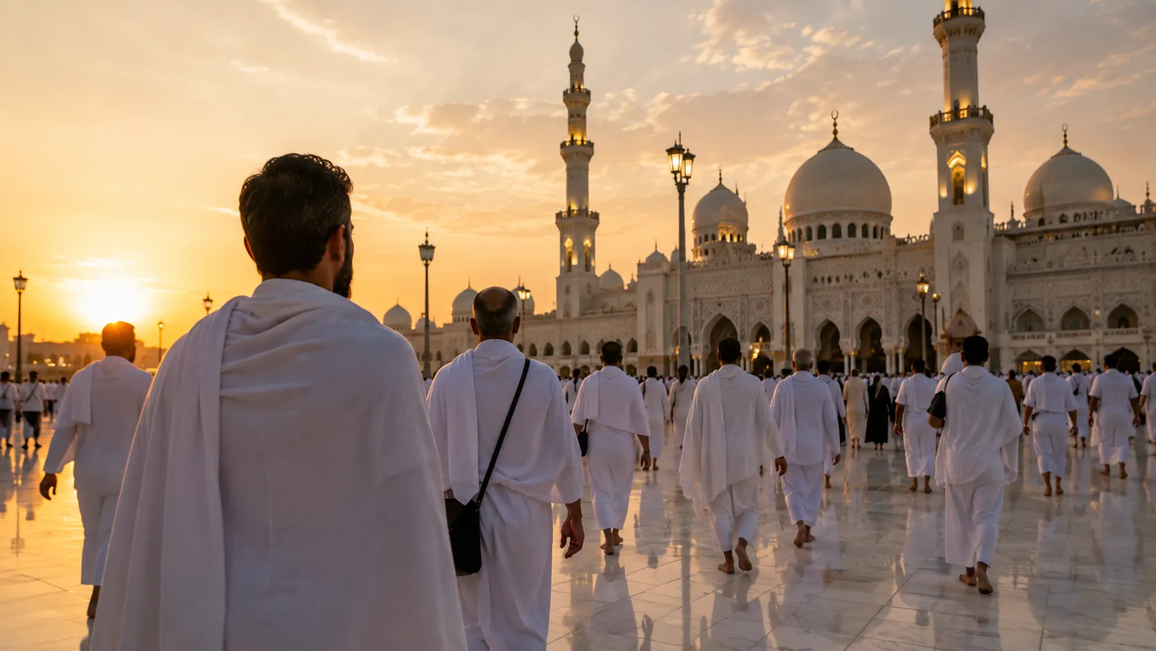Umrah visa from UAE — pilgrims in ihram near a mosque during the Umrah journey