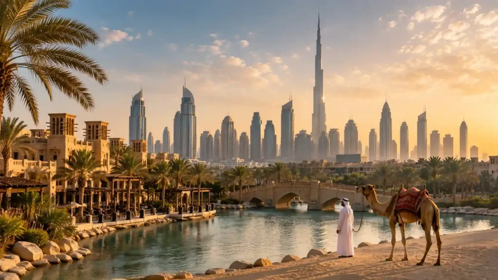 United Arab Emirates — panoramic view of the UAE with city skylines and desert
