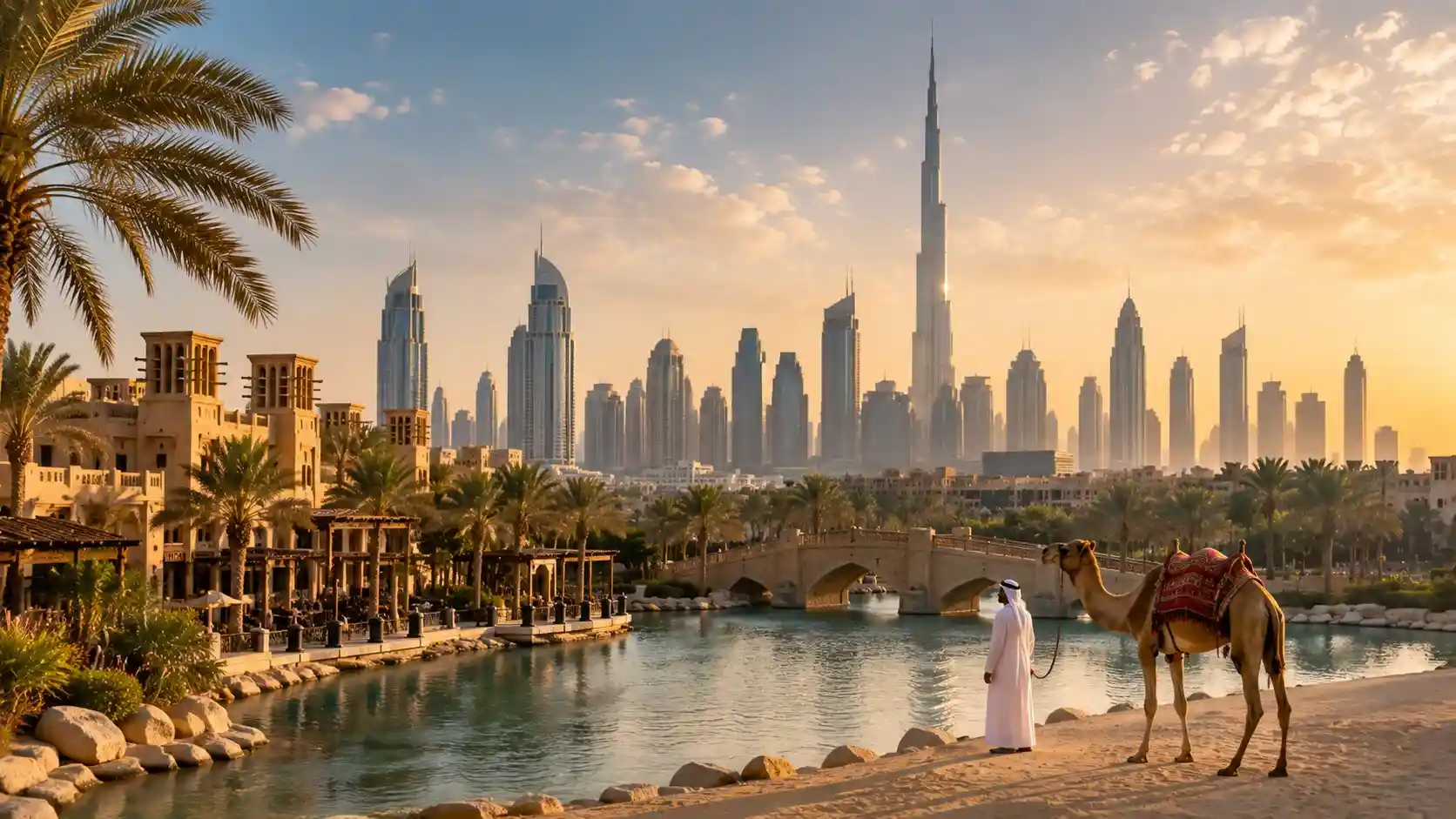 United Arab Emirates — panoramic view of the UAE with city skylines and desert