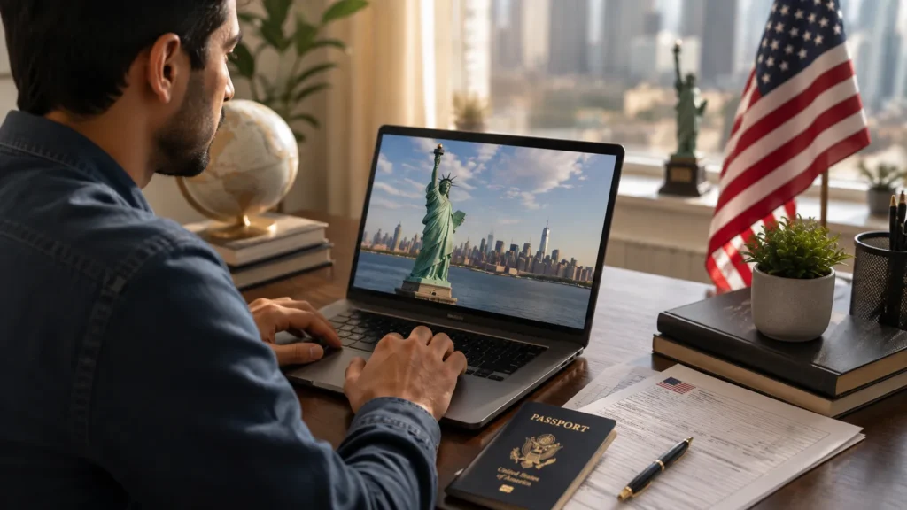 US visa application — researching US immigration options with forms and a passport