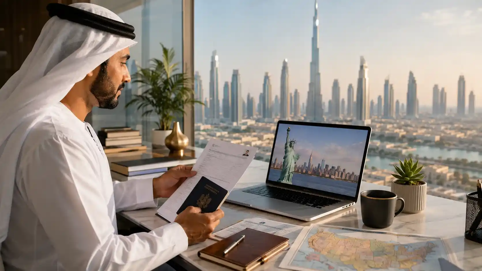 US visa from UAE — a resident planning a USA trip with passport and travel documents