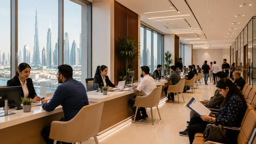 VFS Global Dubai — a modern visa application center with service counters in the UAE