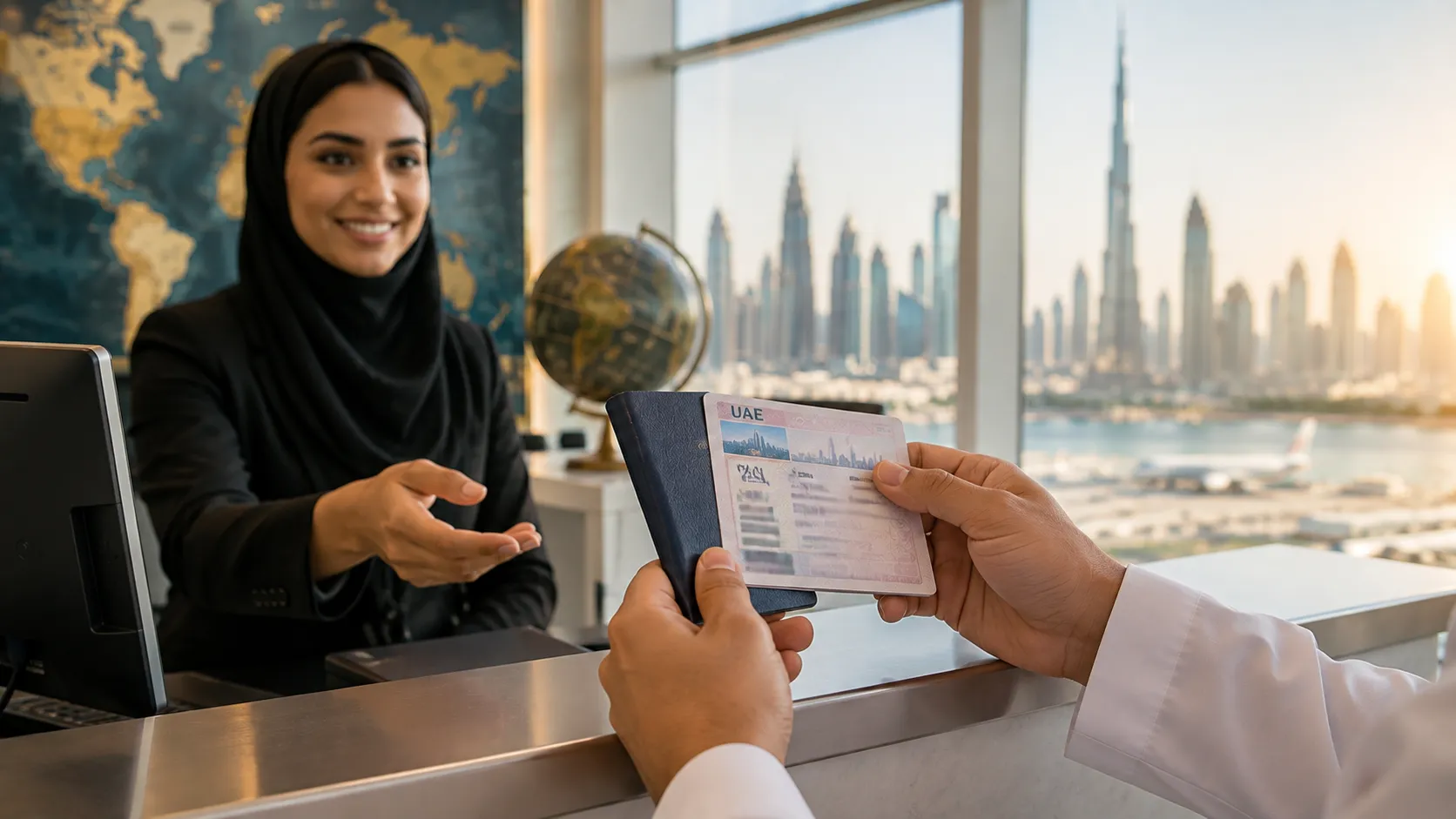 Visa and immigration in the UAE — a traveler holding a passport and UAE visa in Dubai