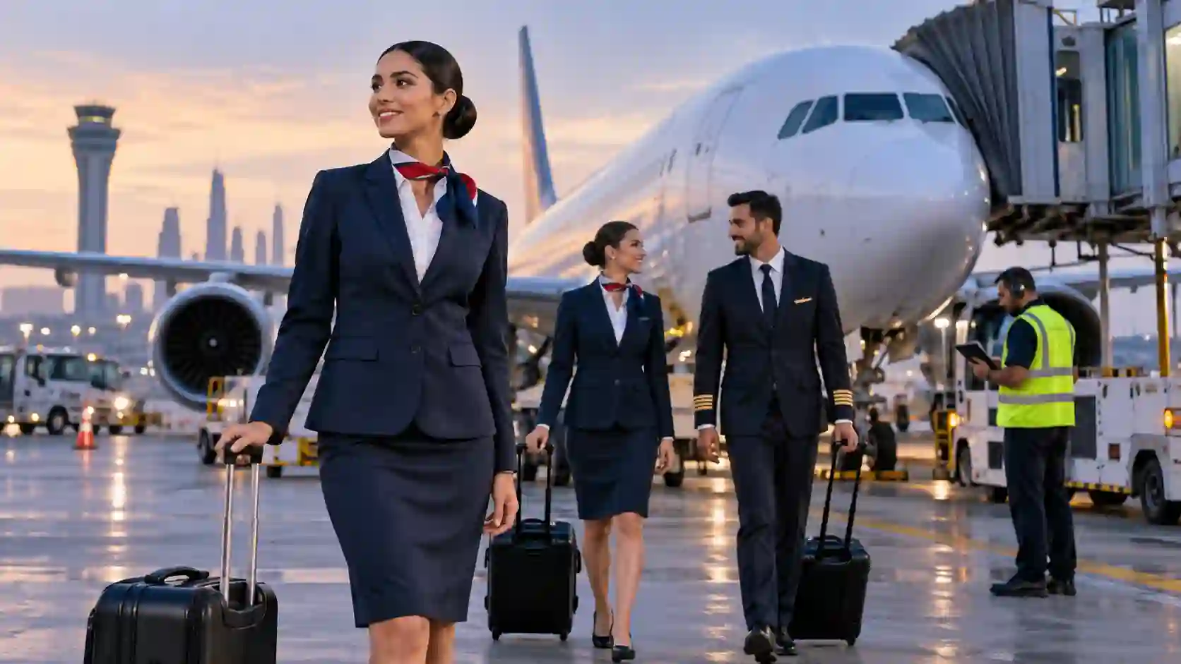 Airline careers — airline professionals at a modern airport near an aircraft