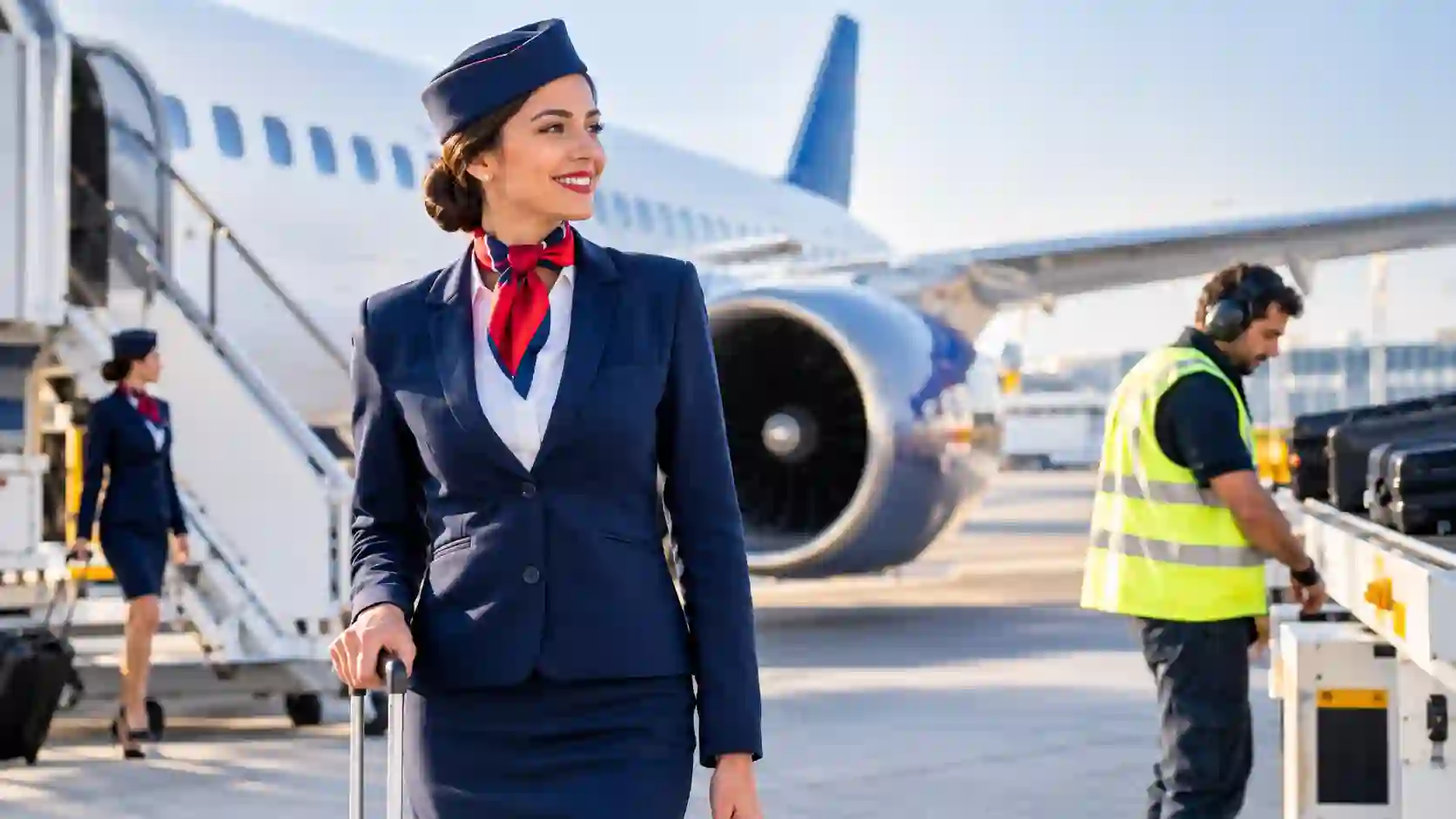 Airline jobs — aviation professionals at a modern airport near an aircraft