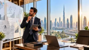 Career change growth — a professional mapping out strategic career transition milestones in a modern Dubai office