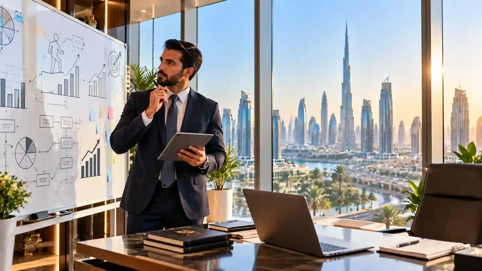 Career change growth — a professional mapping out strategic career transition milestones in a modern Dubai office