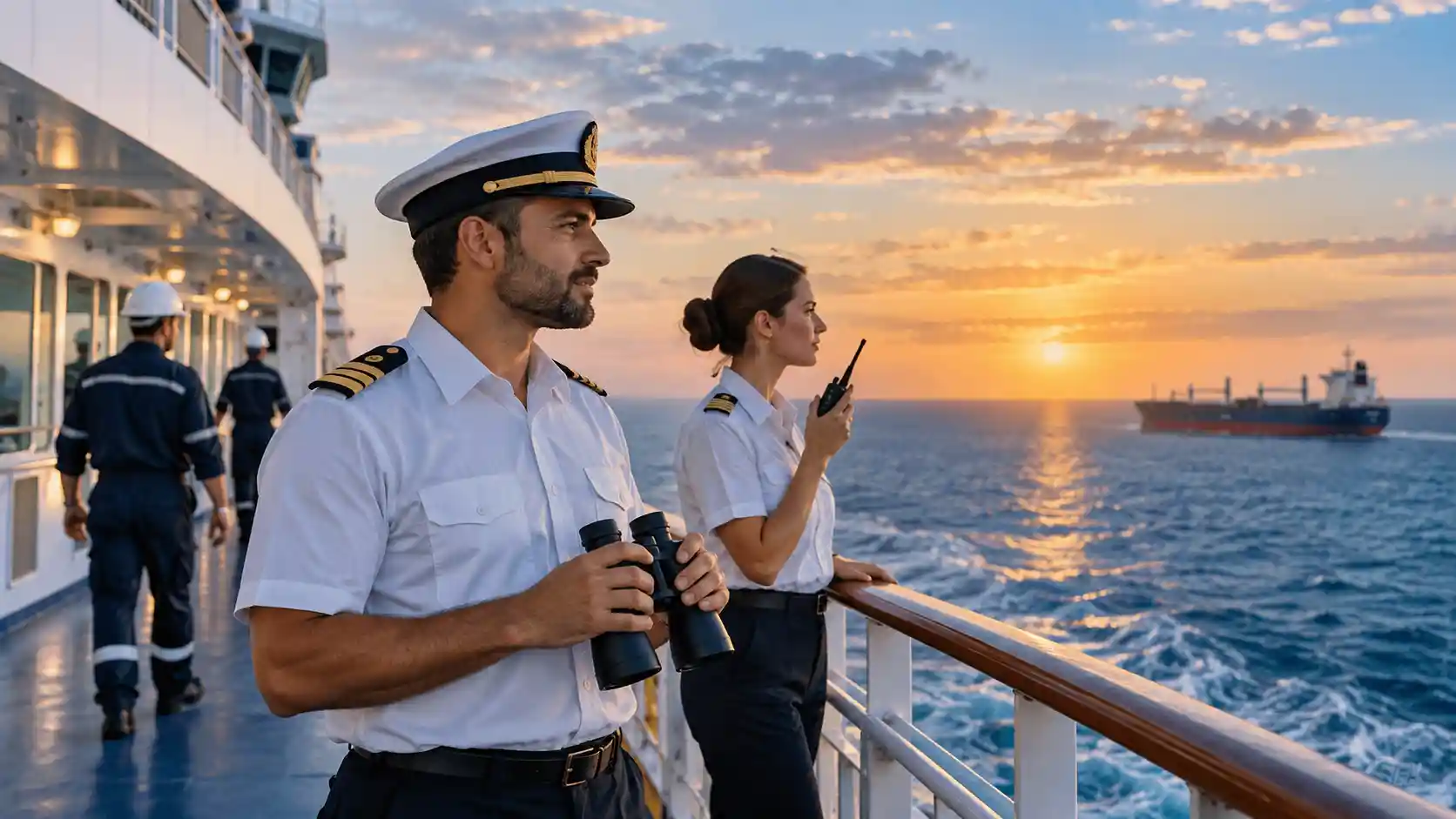 Cruise ship jobs — maritime professionals working on a modern ship at sea