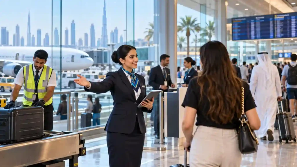 Dubai airport jobs — airport staff working in a busy modern terminal