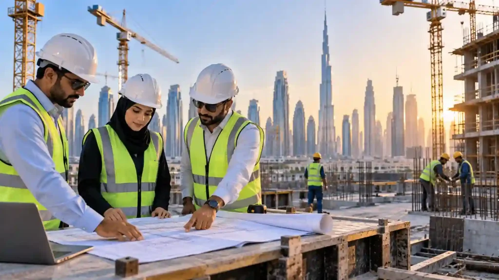 Civil engineer jobs in Dubai — engineers reviewing plans at a construction site