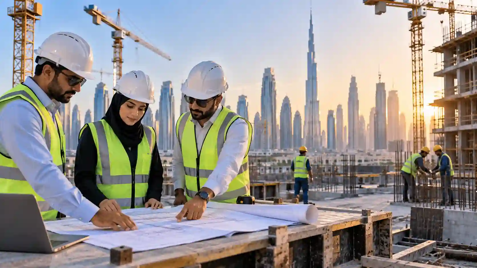 Civil engineer jobs in Dubai — engineers reviewing plans at a construction site