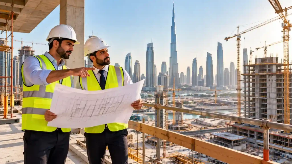 Construction jobs in dubai — civil engineers and site managers reviewing architectural blueprints on a high-rise project