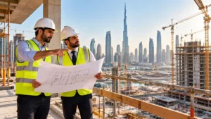 Construction jobs in dubai — civil engineers and site managers reviewing architectural blueprints on a high-rise project