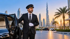 Driver jobs in Dubai — a professional driver by a vehicle with the city behind