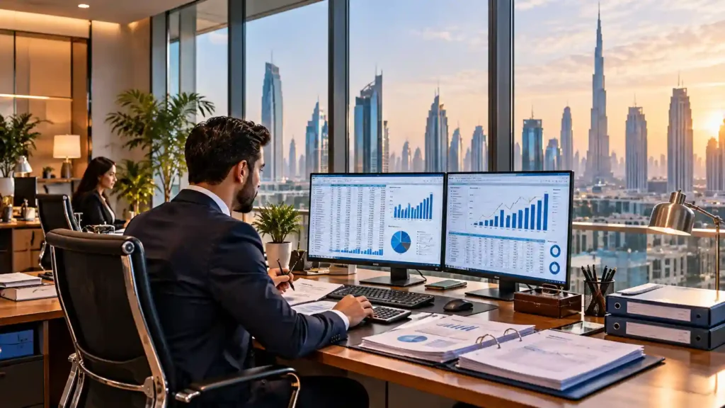 Accountant jobs in dubai — corporate professionals analyzing financial reports in a modern business office