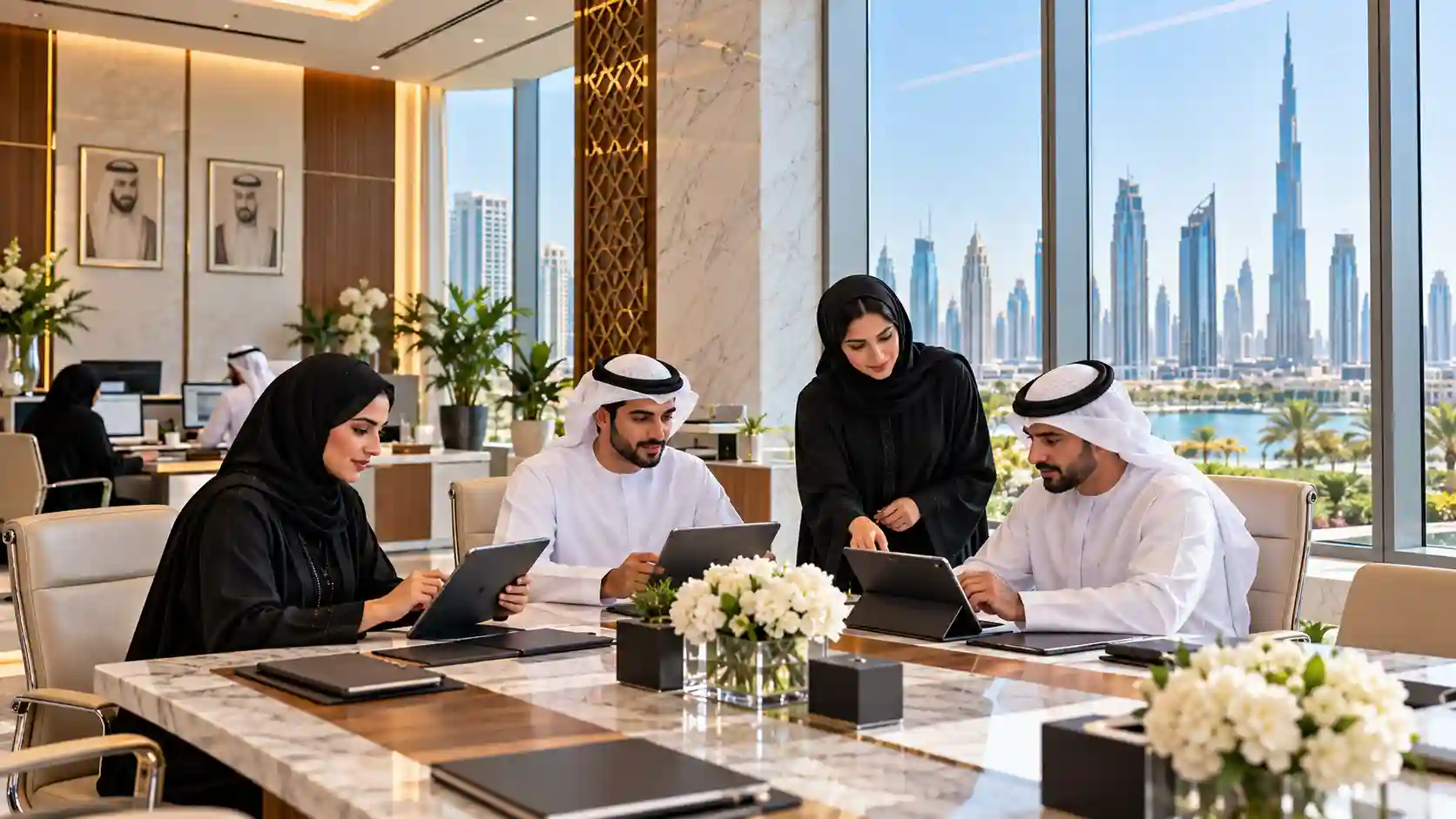 Dubai government jobs — professional public sector administrators working in a modern civic office