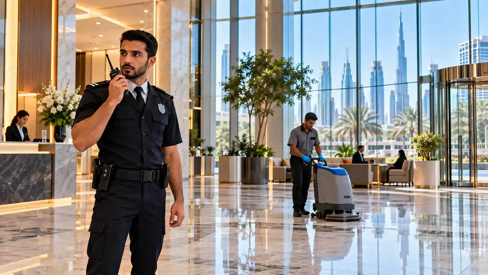 Security guard jobs in dubai — professional security officer on duty in a modern commercial lobby