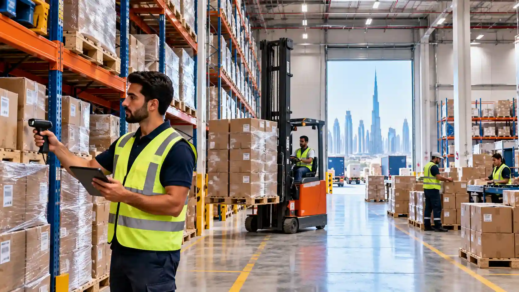 Warehouse jobs in dubai — logistics inventory specialist scanning parcels in a modern distribution center