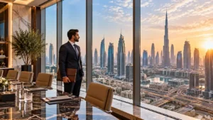 Highest paying jobs in dubai — senior corporate executive reviewing financial reports in a high-rise boardroom