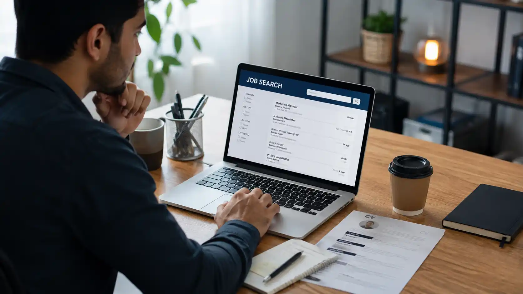 How to find a job — a person searching job listings on a laptop with a CV