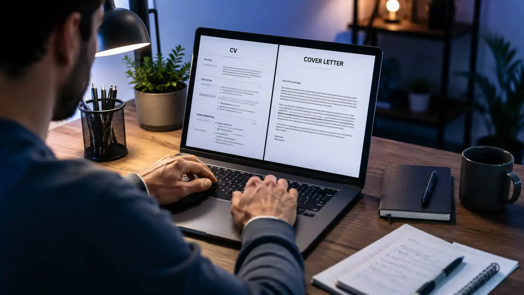 Job application — a person preparing a CV and cover letter on a laptop