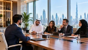 Job interview tips — a confident candidate answering questions before an executive hiring panel in a Dubai office