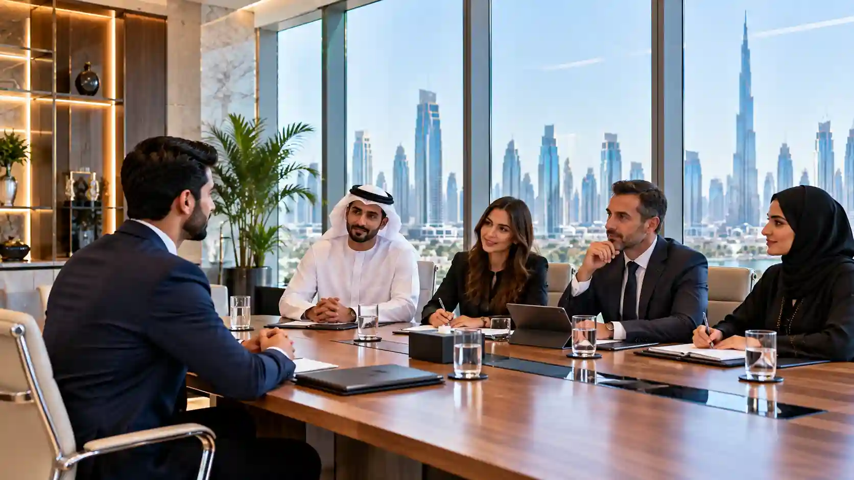 Job interview tips — a confident candidate answering questions before an executive hiring panel in a Dubai office