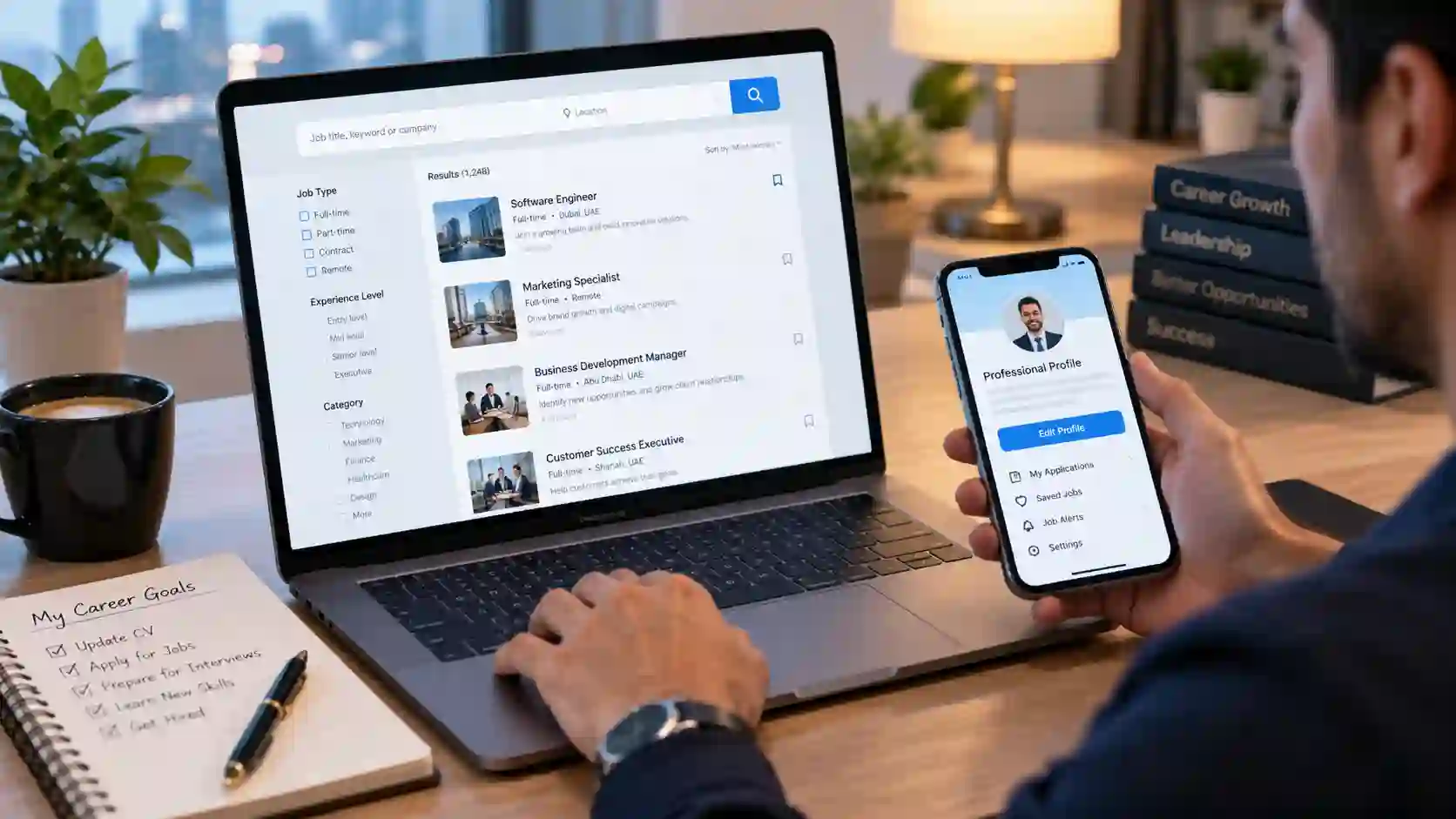 Job portal sites — a person browsing job listings on a laptop and phone