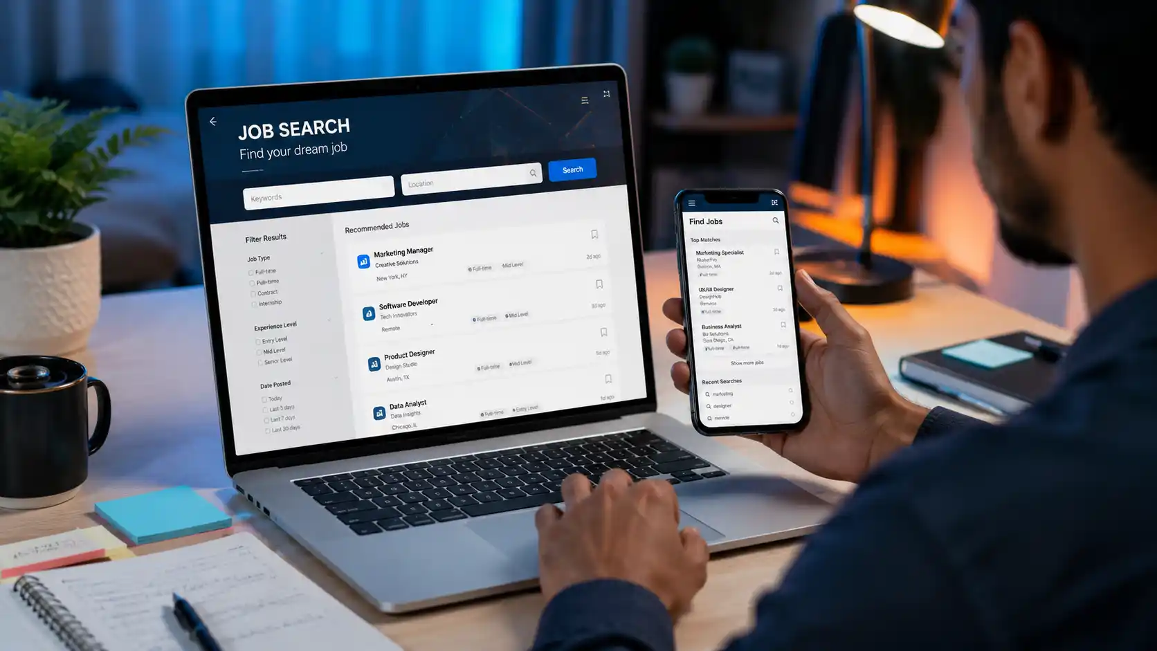 Job search websites — a person browsing job listings online on a laptop