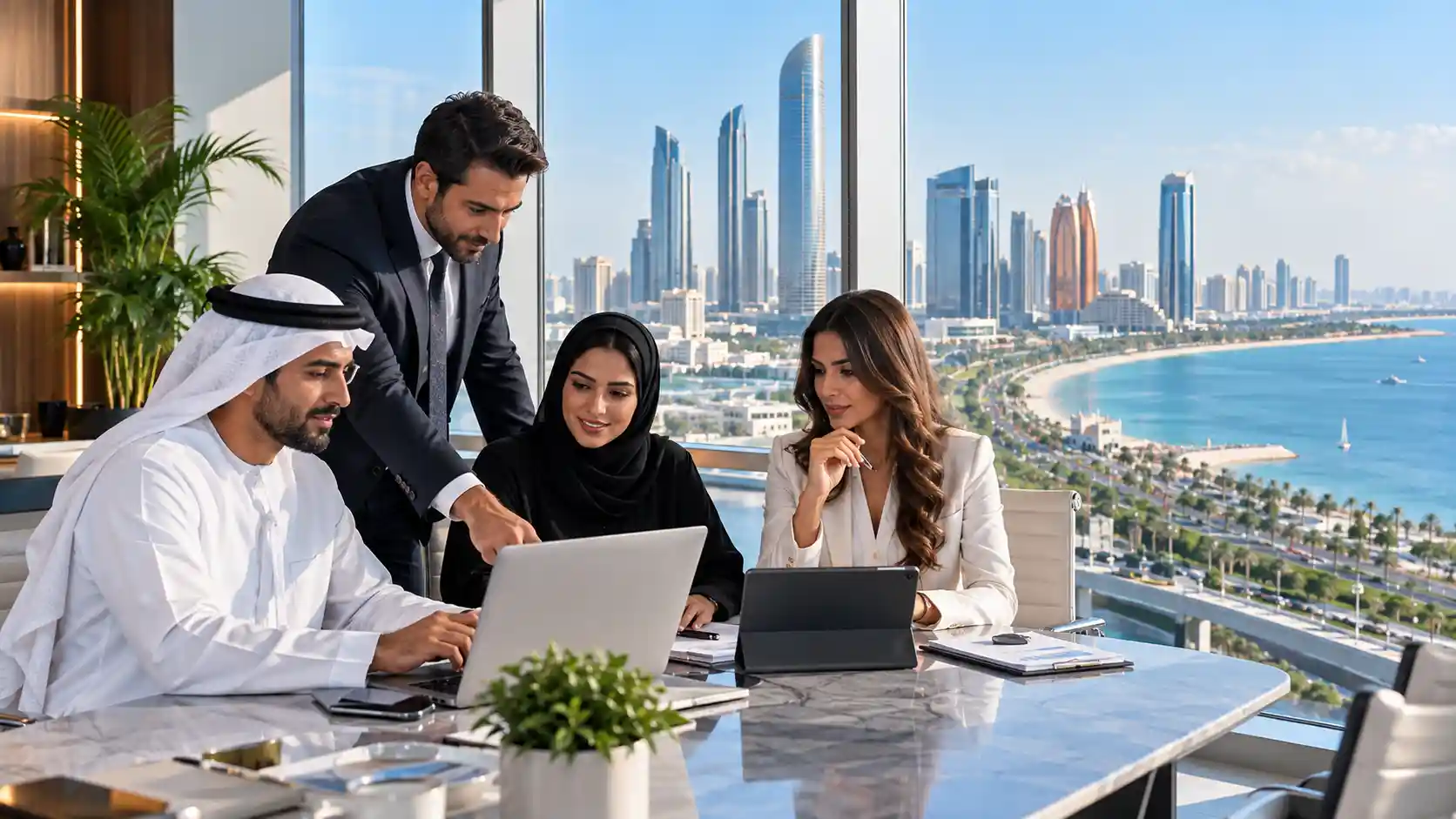 Jobs in Abu Dhabi — professionals working in a modern office with the city skyline