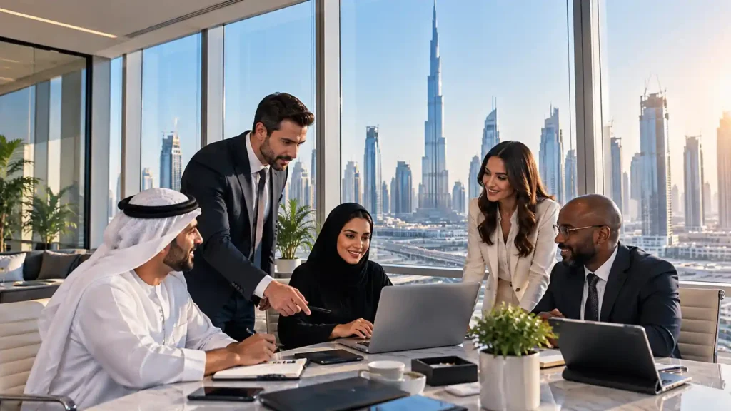 Jobs in Dubai — professionals working in a modern office with the Dubai skyline