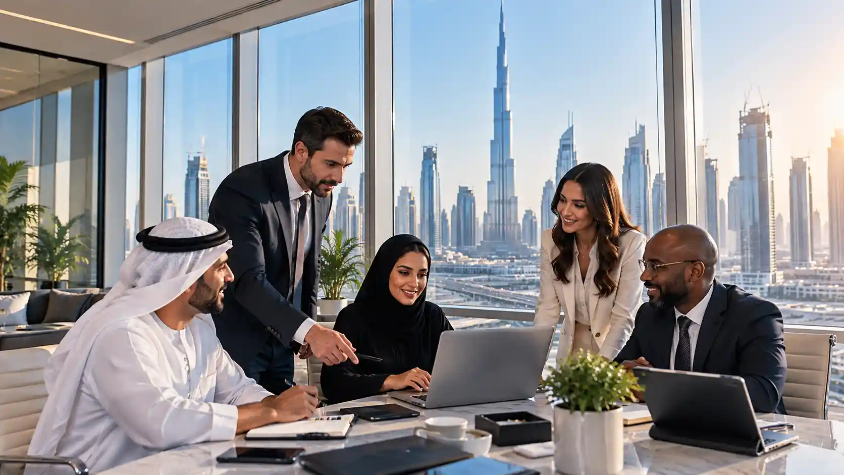 Jobs in Dubai — professionals working in a modern office with the Dubai skyline