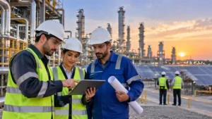 Oil and gas jobs — energy professionals at an industrial energy facility