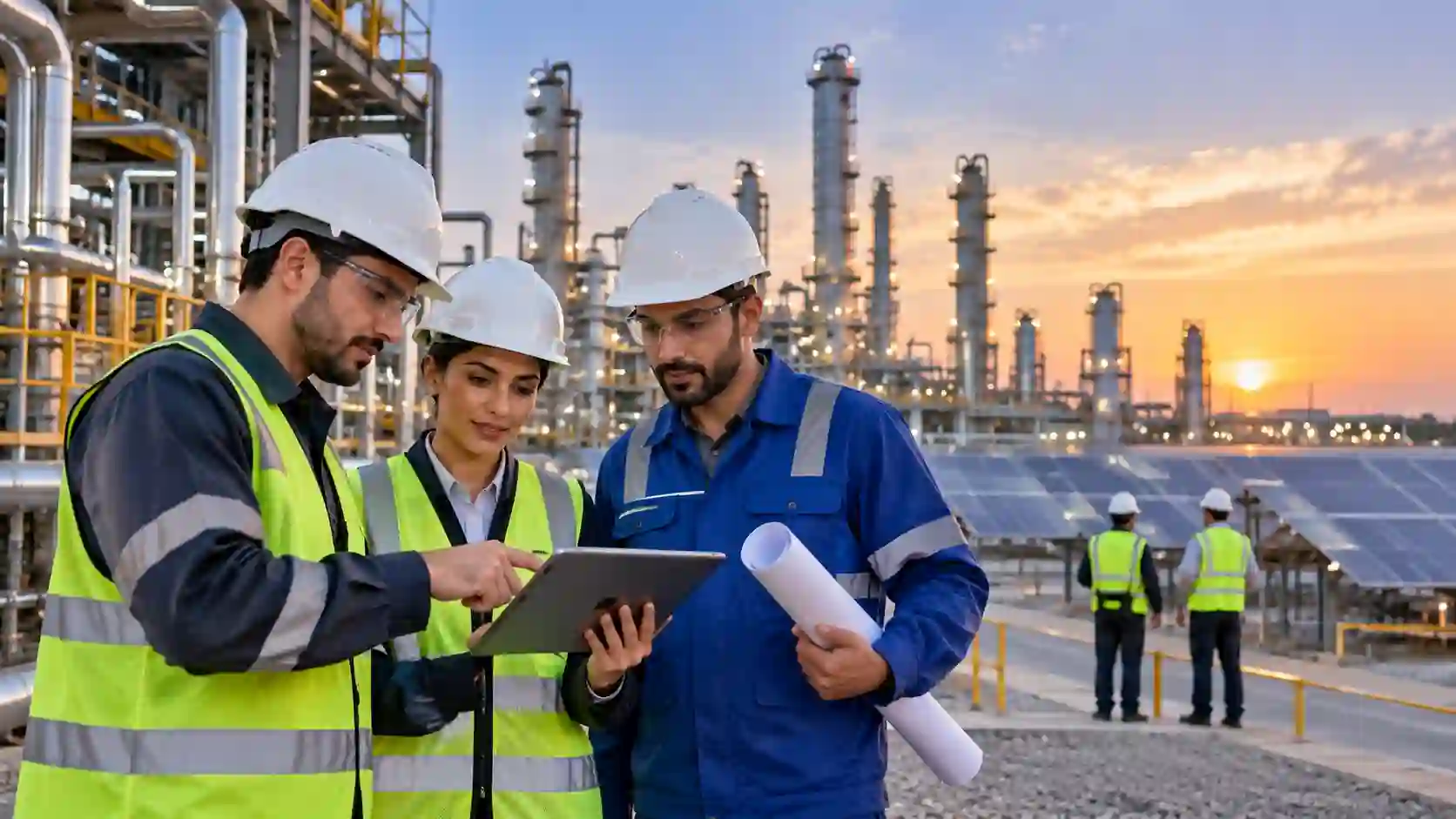 Oil and gas jobs — energy professionals at an industrial energy facility