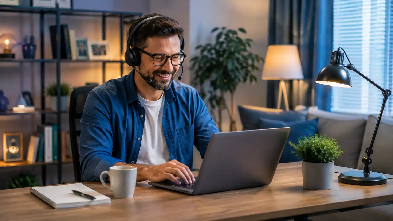 Work from home — a person working remotely at a home-office desk with a laptop