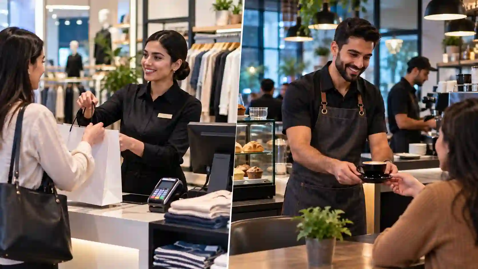 Retail jobs — a shop assistant and food service worker helping customers