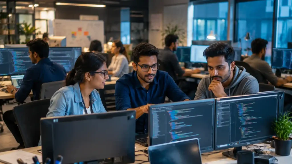 Tech jobs — technology professionals working with computers in a modern office